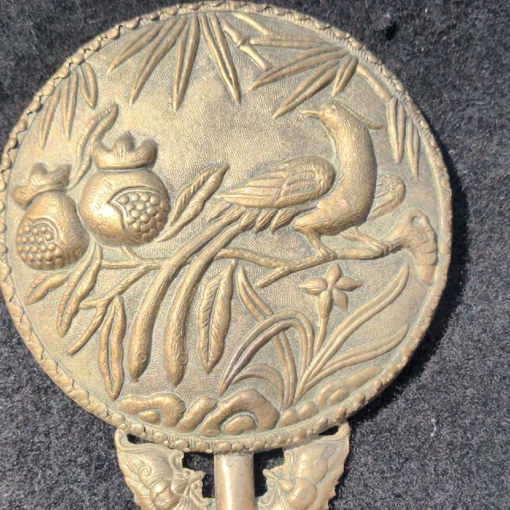 Elegant Silver Antique Hand Mirror w/ Bird, Pomegranates, Flowers, Jade Handle.